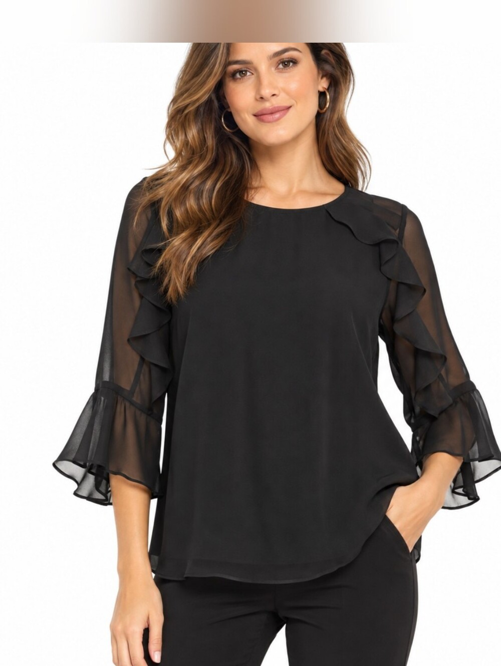NWT Monteau Los Angeles Black Ruffle Sheer Sleeve Blouse XL